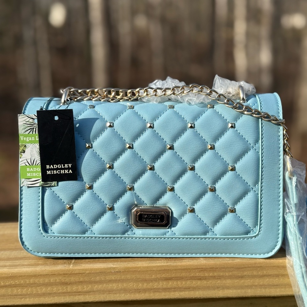 Badgley Mischka Quilted Light Blue Crossbody Bag with Gold Chain